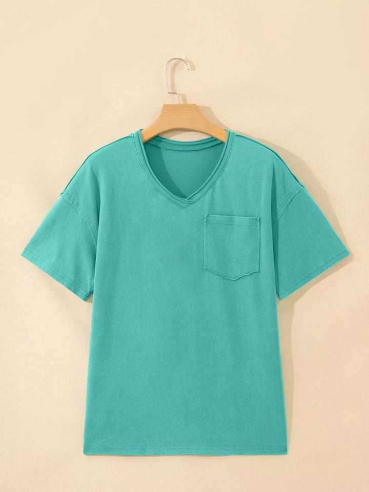 Mineral wash V-neck cotton tee with chest pocket