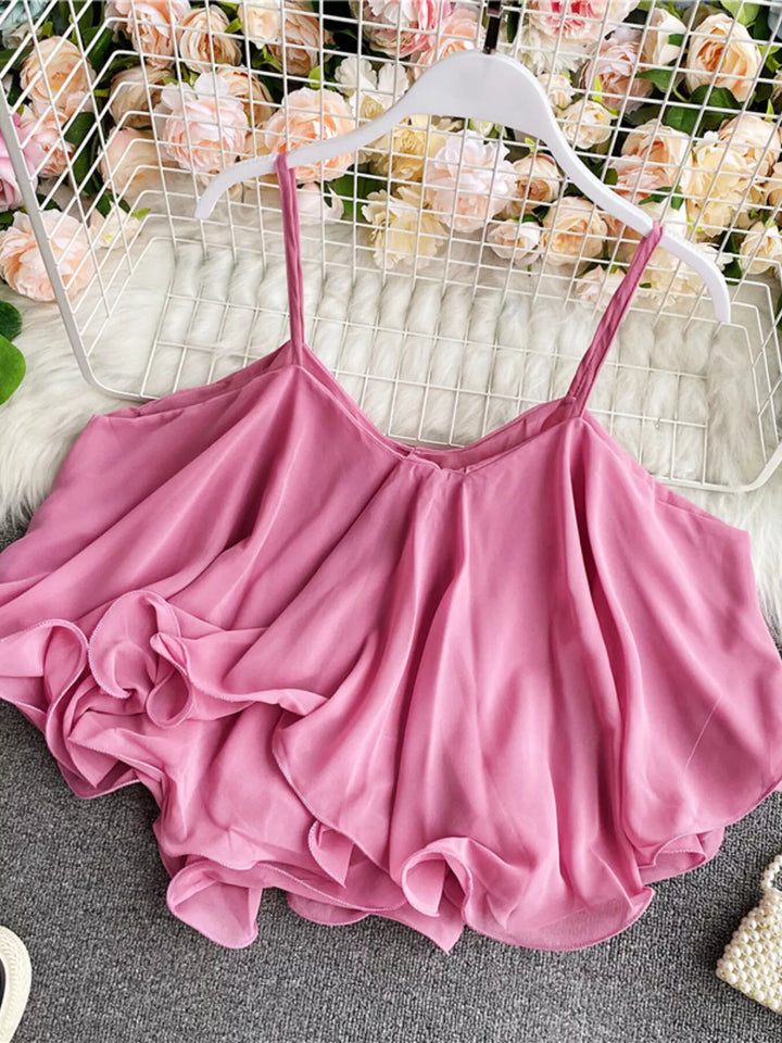 Flowy chiffon cami with ruffled hem and V-neck
