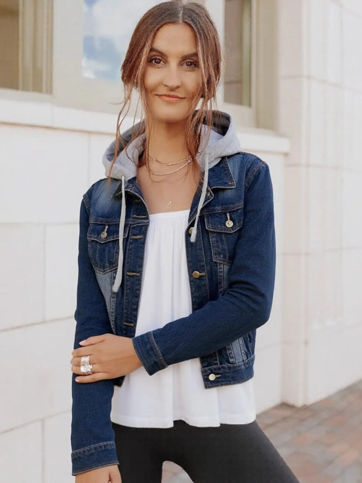 Hooded denim jacket with button-up front and drawstring