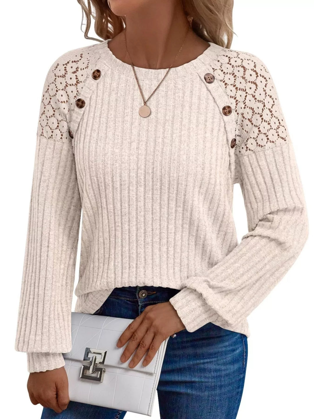 Ribbed knit long sleeve top with lace shoulder detail