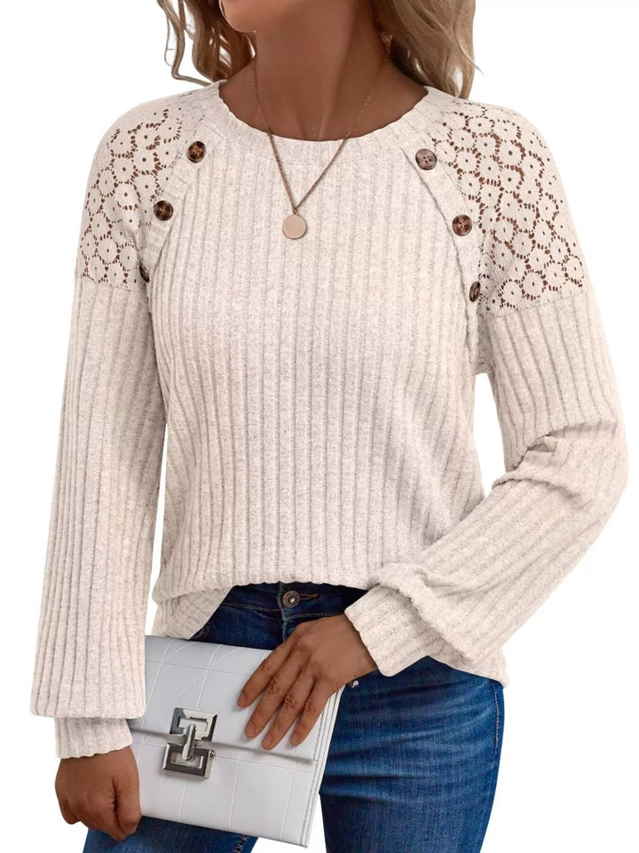 Ribbed knit long sleeve top with lace shoulder detail