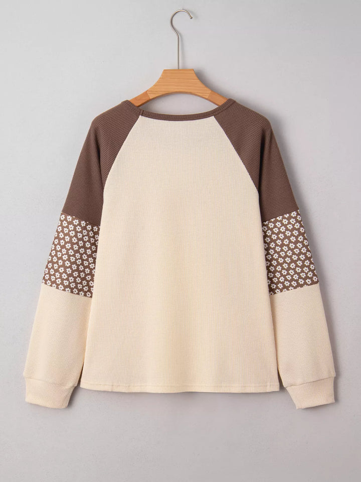 Floral patchwork color block raglan long sleeve top
