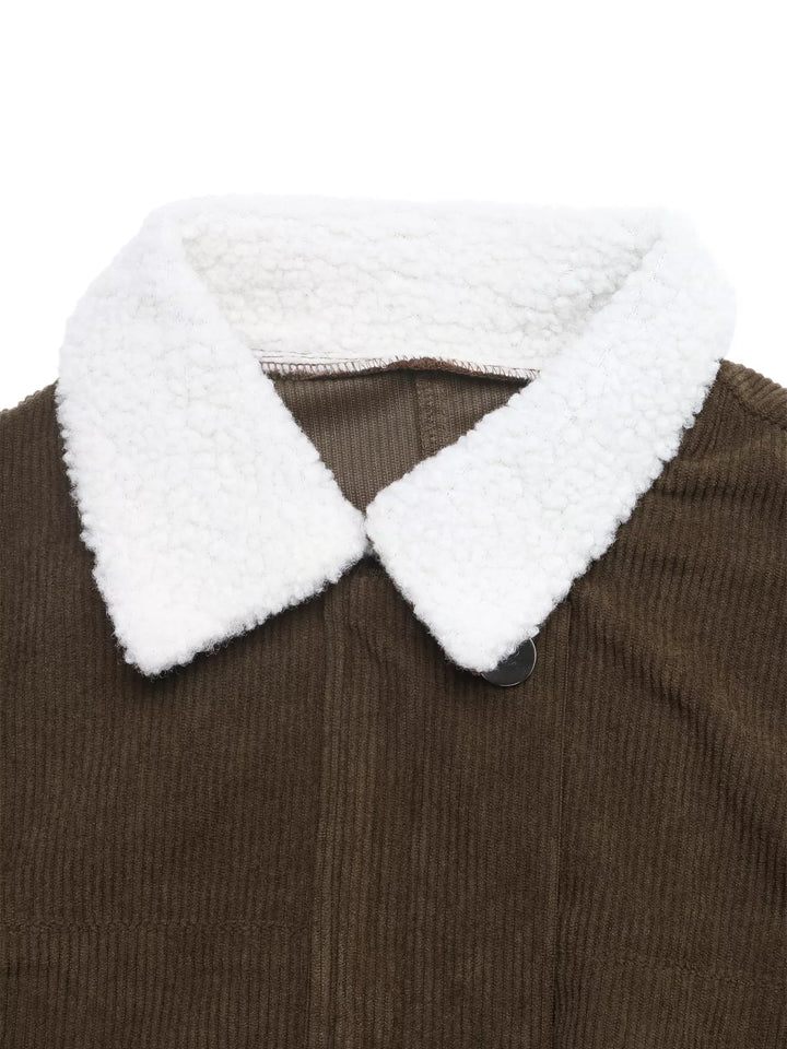 Corduroy zip-up jacket with sherpa collar and snap placket