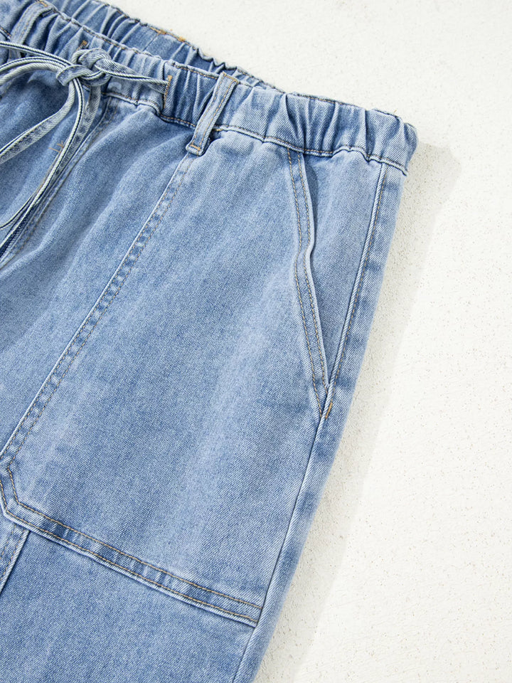 Wide-leg drawstring jeans with raw frayed hem