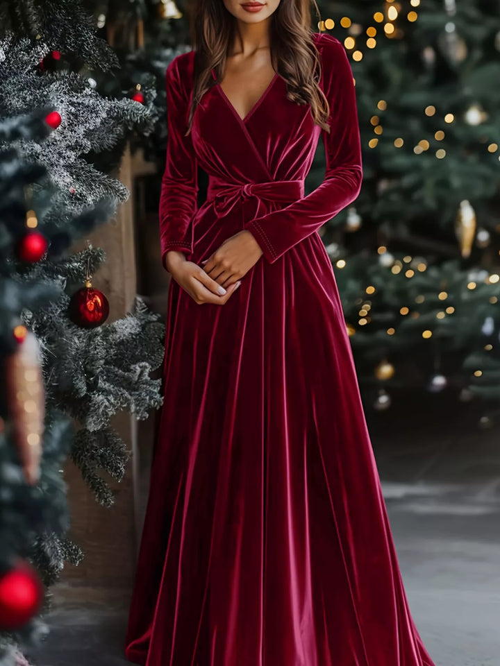 Burgundy Velvet surplice wrap maxi dress with tie waist