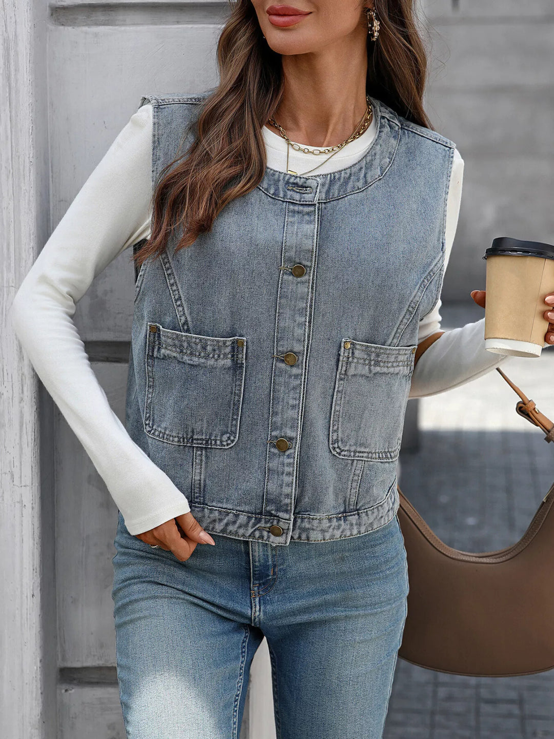 Cropped button-down denim vest with patch pockets