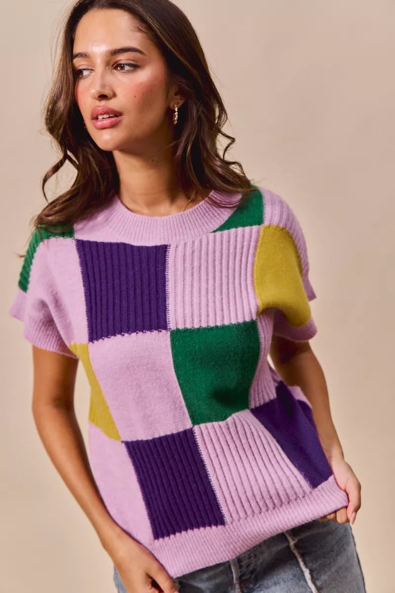 Checkerboard color-block short sleeve sweater top