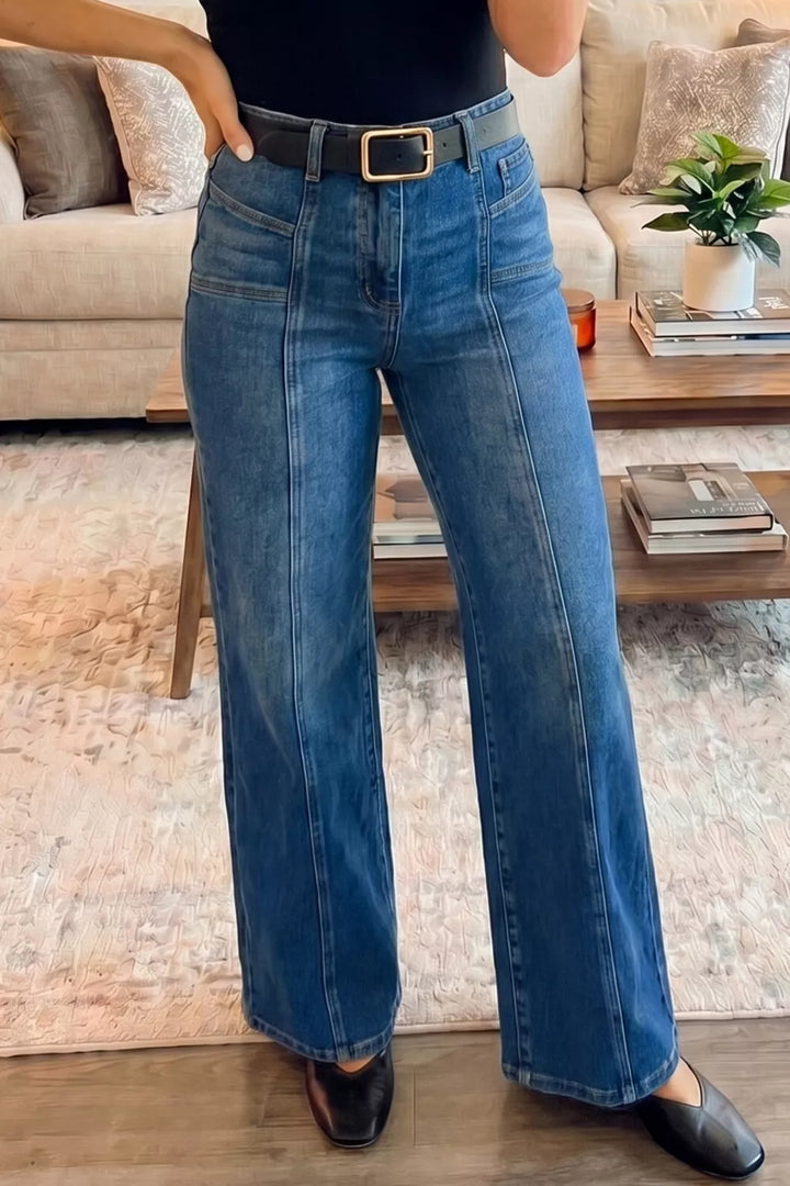 Navy High-rise wide-leg jeans with center seam detail