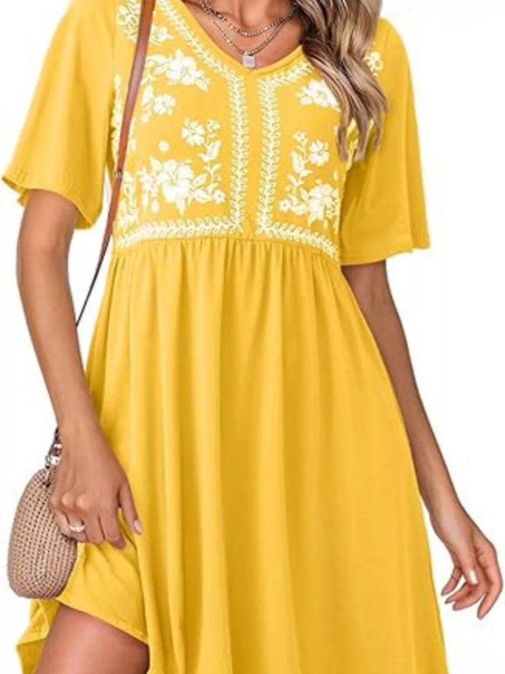 Floral embroidered v-neck babydoll mini dress