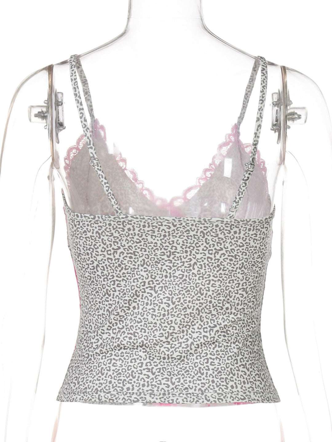 Lace trim ruched cami with leopard print and bow