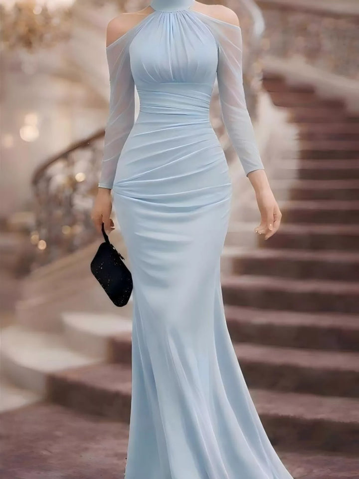 Blue Cold shoulder mock neck ruched maxi dress with mesh sleeves