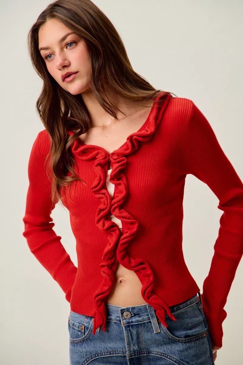 Ribbed knit cardigan with cascade ruffle trim