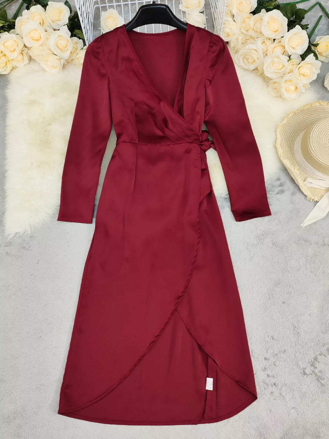 Surplice satin long sleeve maxi dress with tie waist