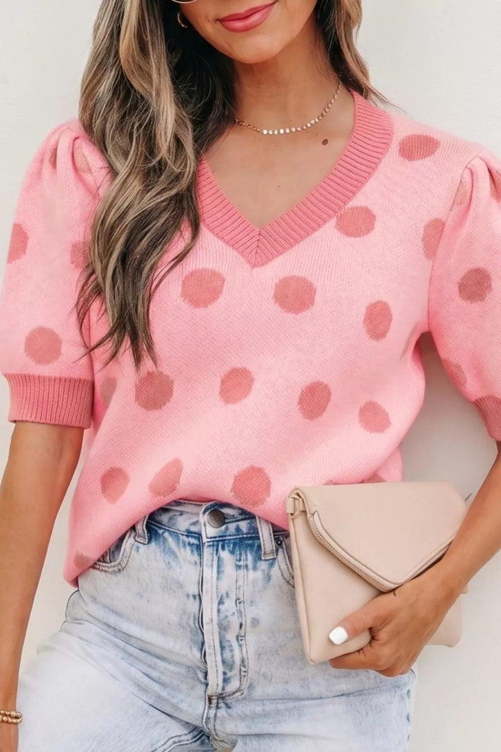 Dusty Pink Polka dot puff sleeve v-neck knit sweater top
