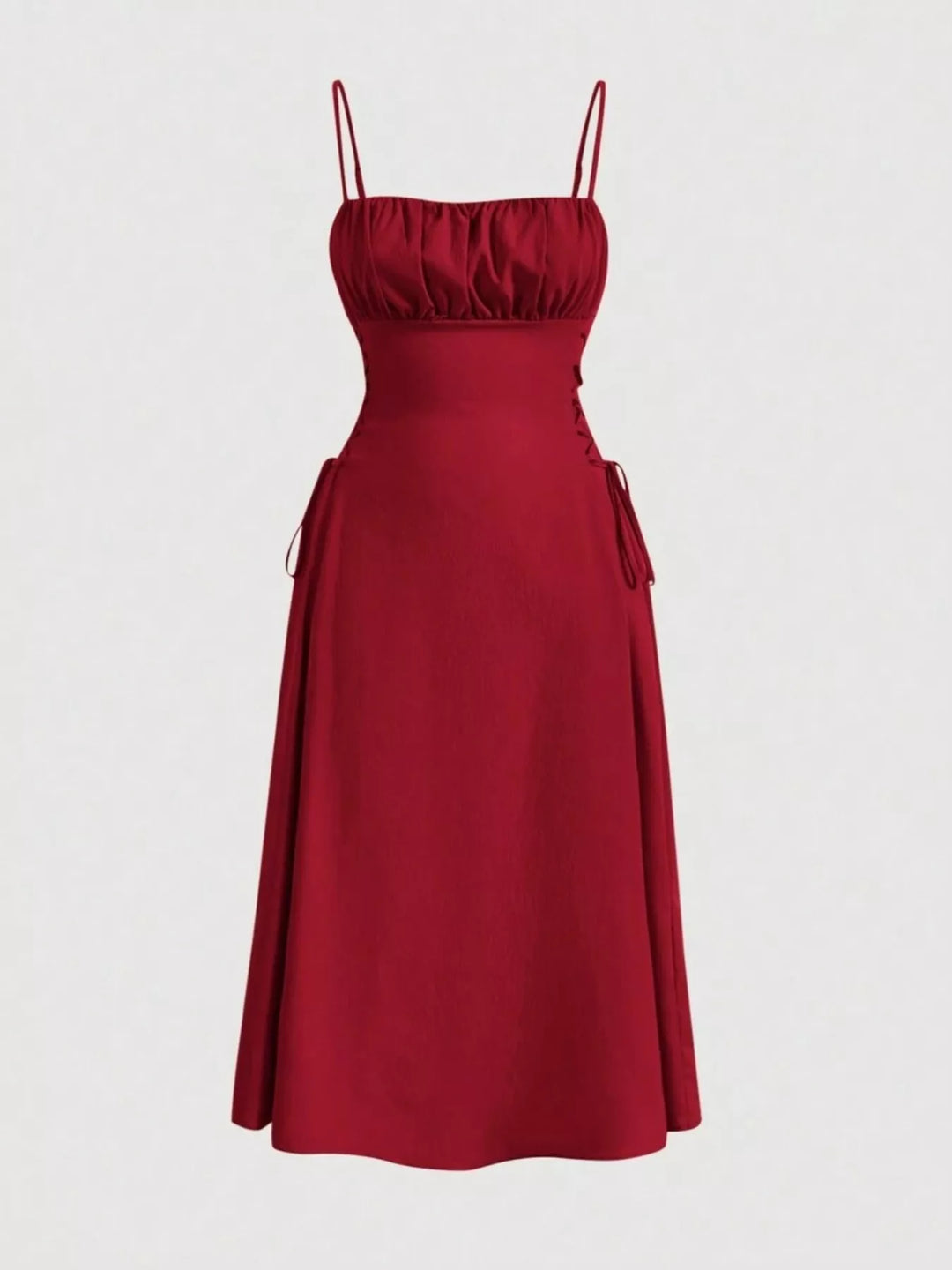 Lace-up side A-line midi dress with ruched bodice