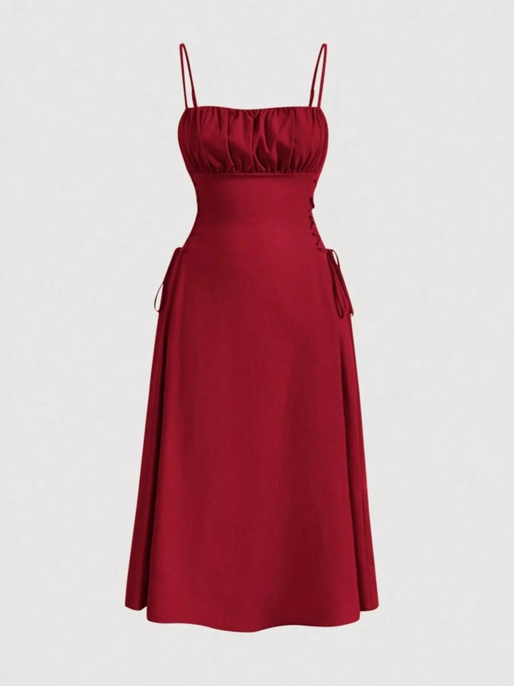 Lace-up side A-line midi dress with ruched bodice