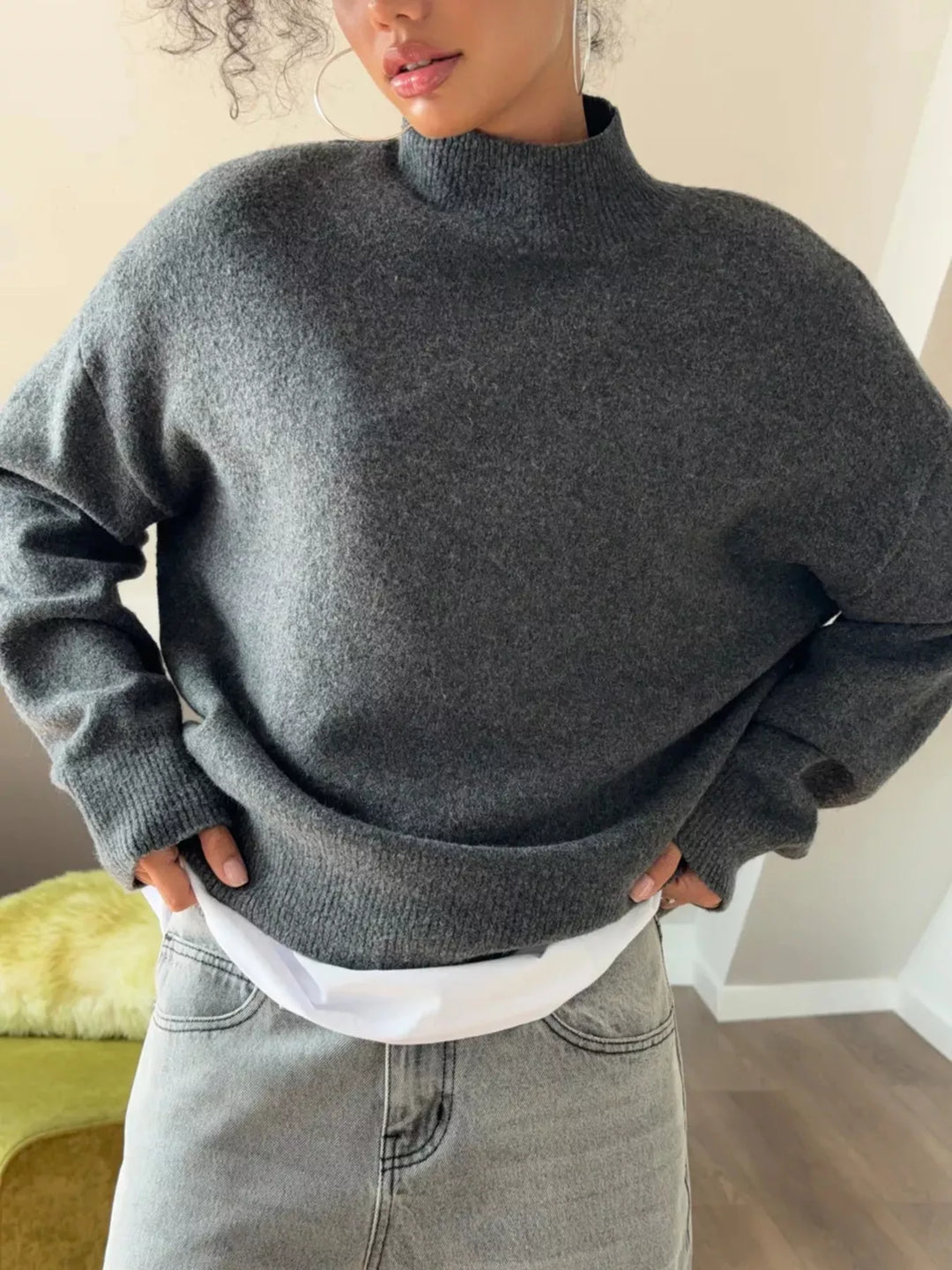 Ribbed mock neck dropped shoulder knit sweater