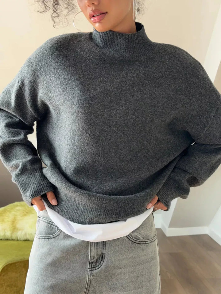 Ribbed mock neck dropped shoulder knit sweater