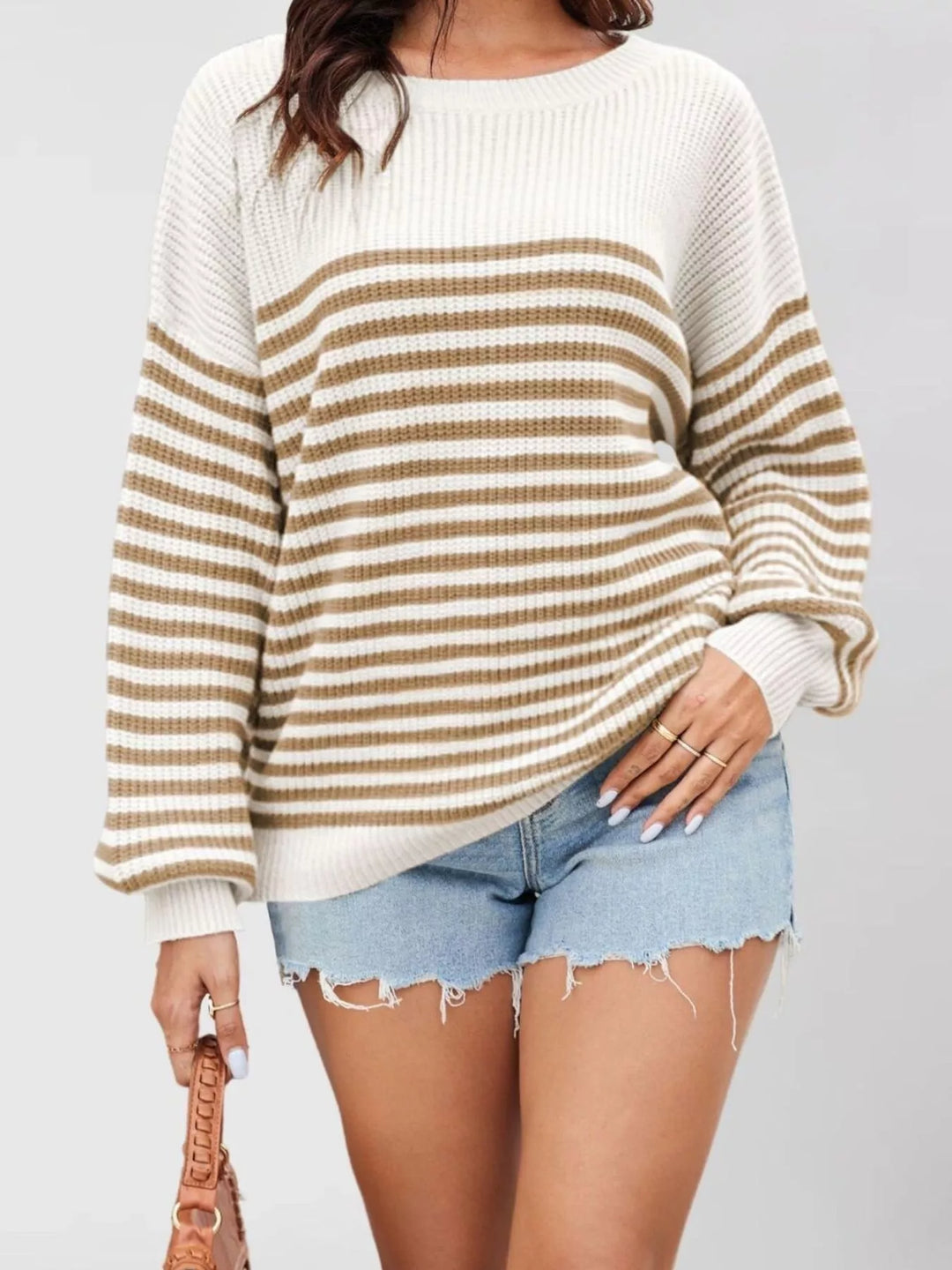 Khaki Striped ribbed knit drop shoulder pullover sweater