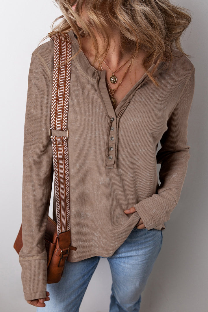 Mocha Waffle knit henley top with long sleeves and button placket