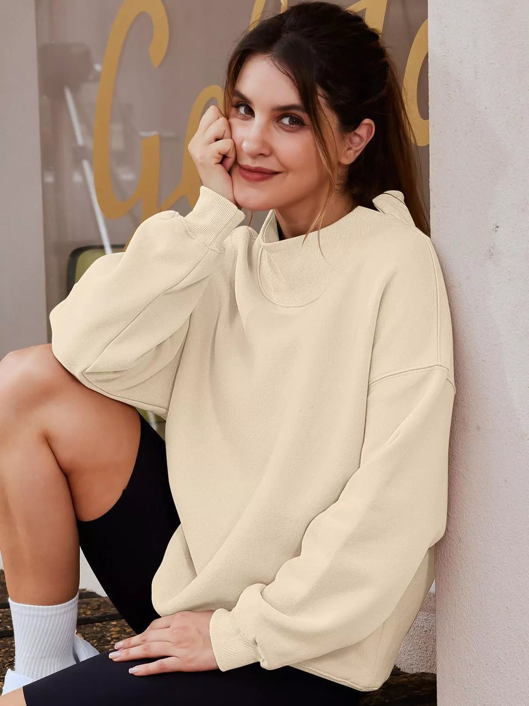 Mock neck dropped shoulder fleece sweatshirt