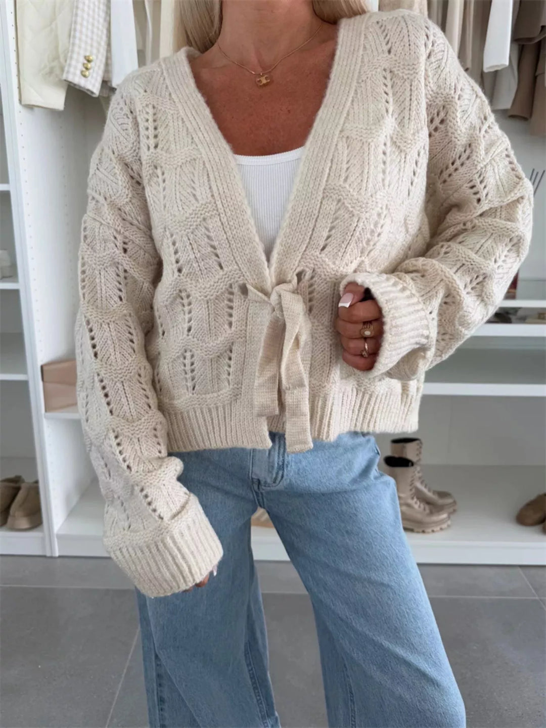 Apricot Openwork tie-front cropped knit cardigan