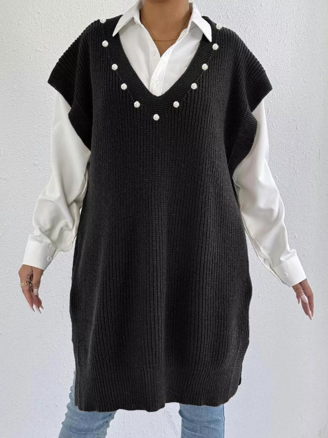 Pearl-trim V-neck ribbed sweater dress with side slits