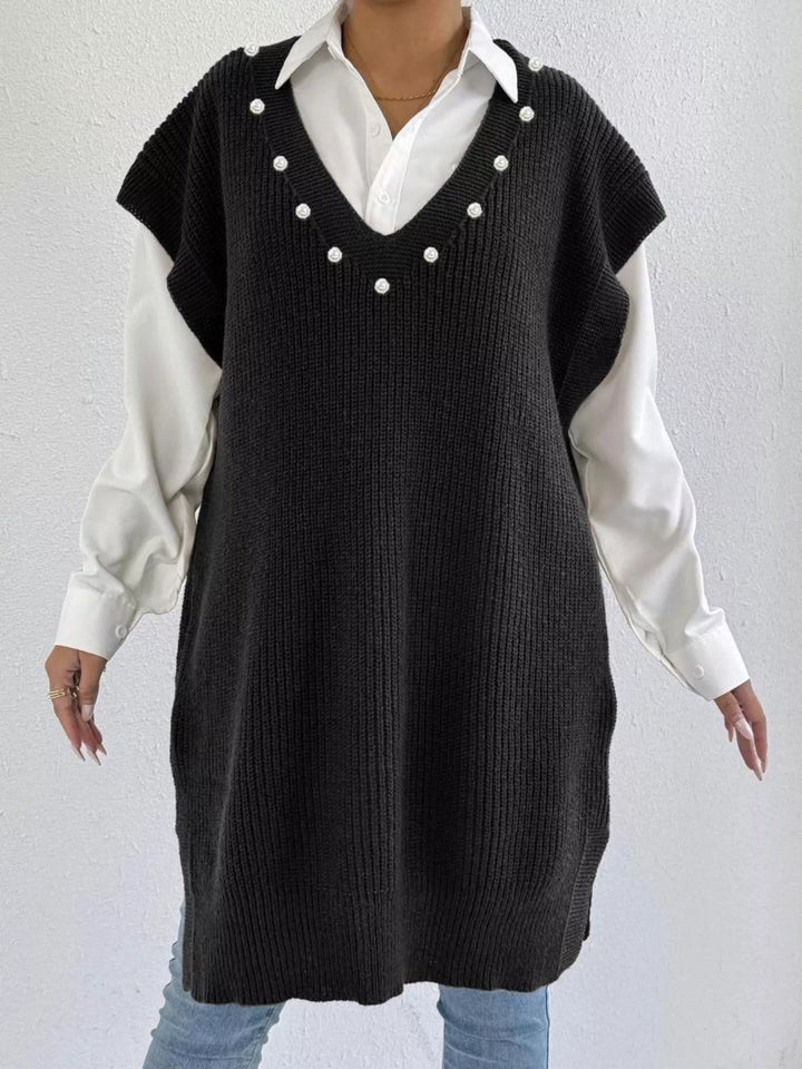 Pearl-trim V-neck ribbed sweater dress with side slits