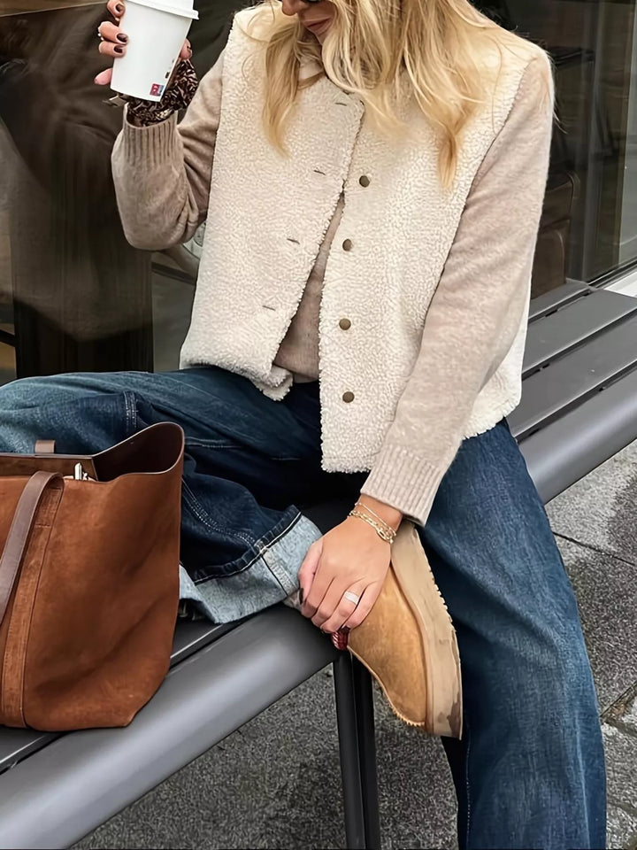 White Collarless sherpa fleece vest with button front