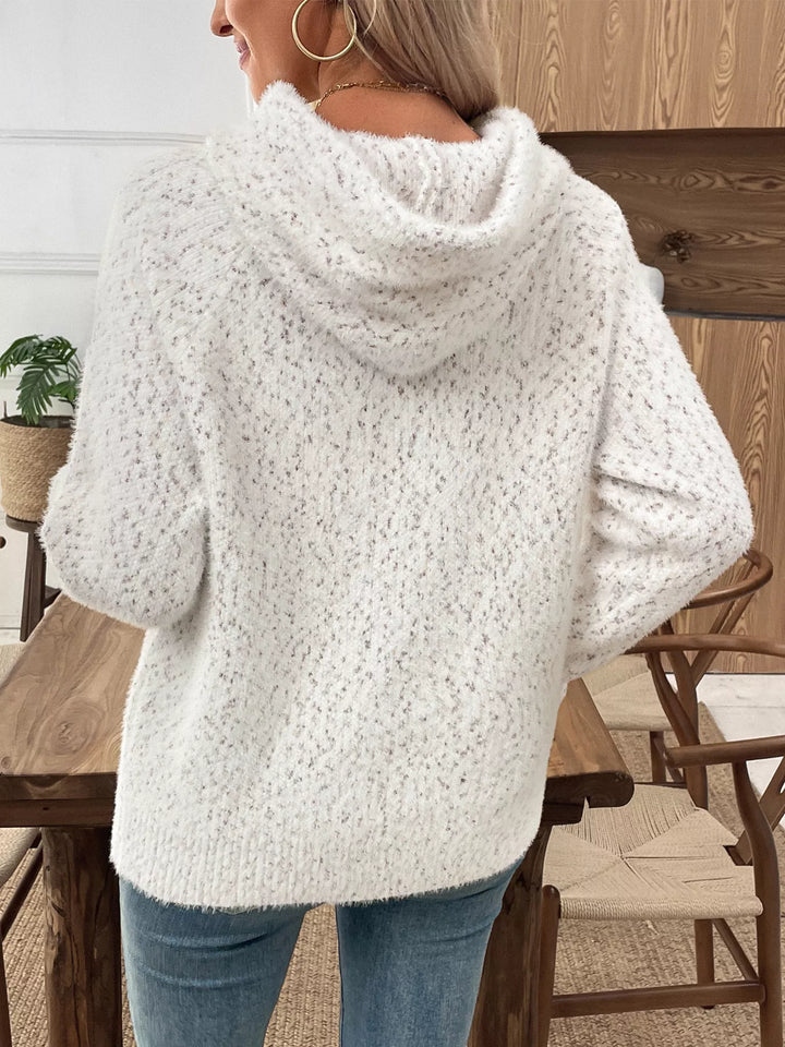 Fuzzy knit letter graphic hooded sweater with drawstring