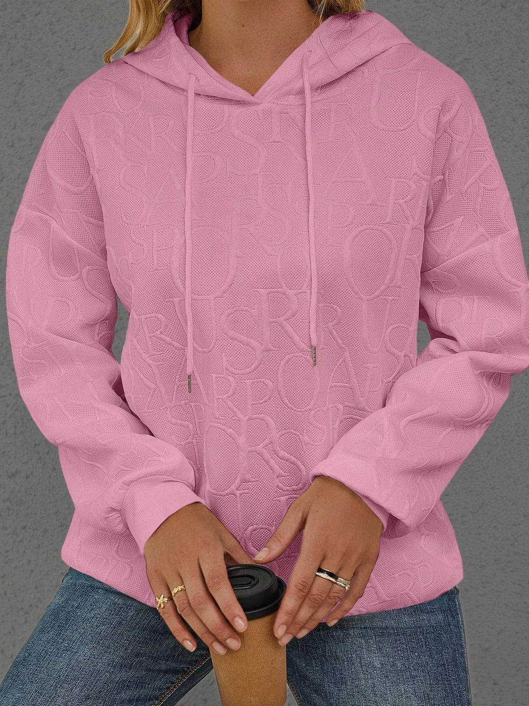 Pink Embossed lettering drawstring pullover hoodie