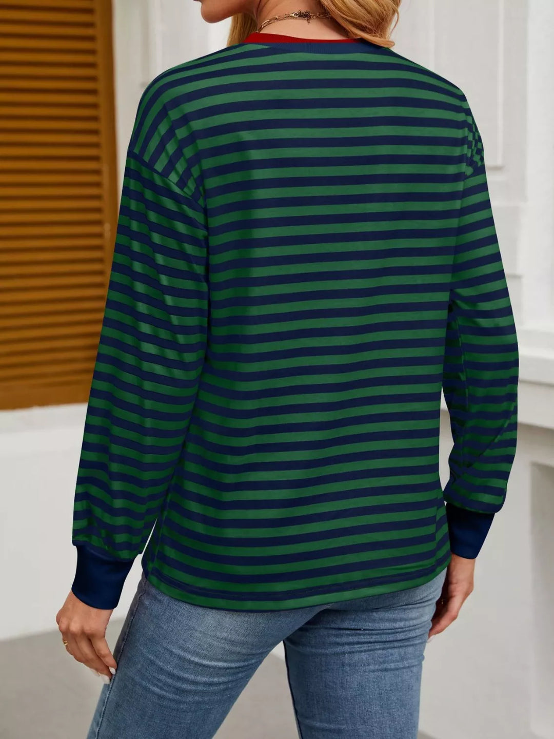 Contrast-trim striped long sleeve crew neck top
