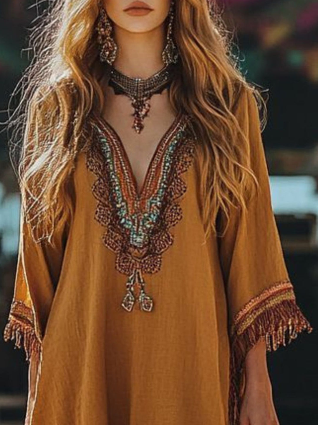 Embroidered fringe hem boho mini dress with 3/4 sleeves