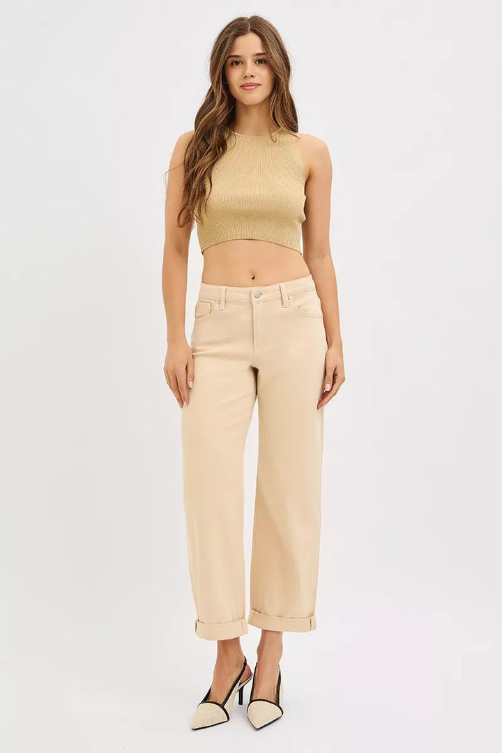 Tummy control mid-rise barrel leg ankle jeans