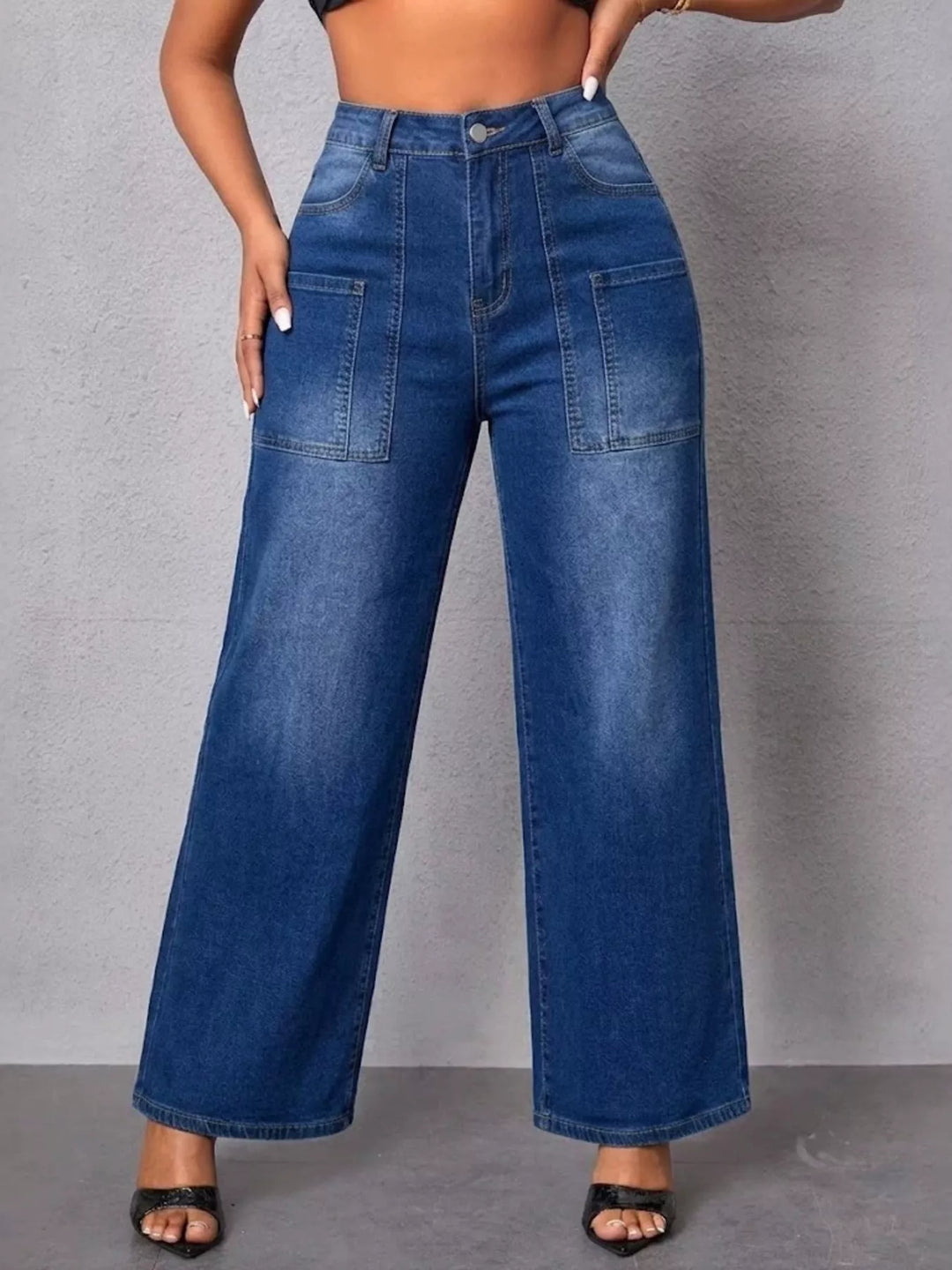High-rise wide leg jeans with patch pockets - Peacock Blue