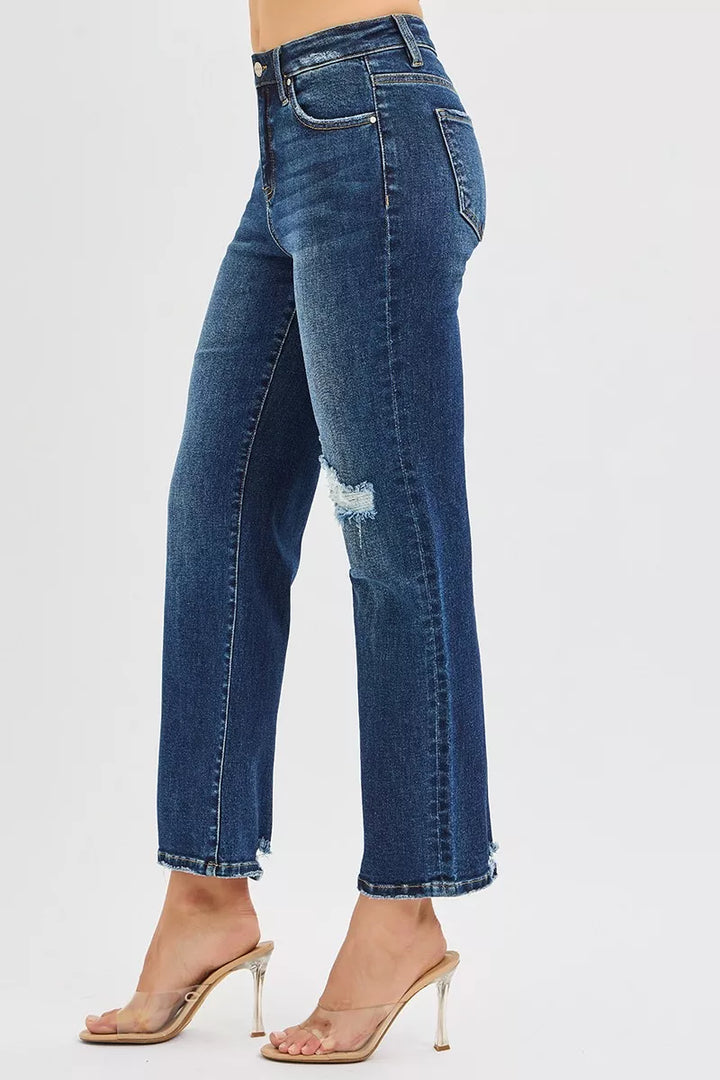Distressed high-rise cropped slim straight jeans with raw hem