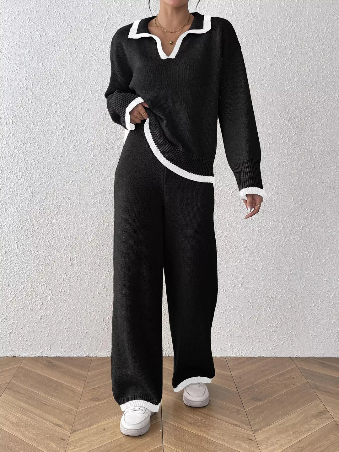 Contrast trim polo collar sweater and wide leg pants set