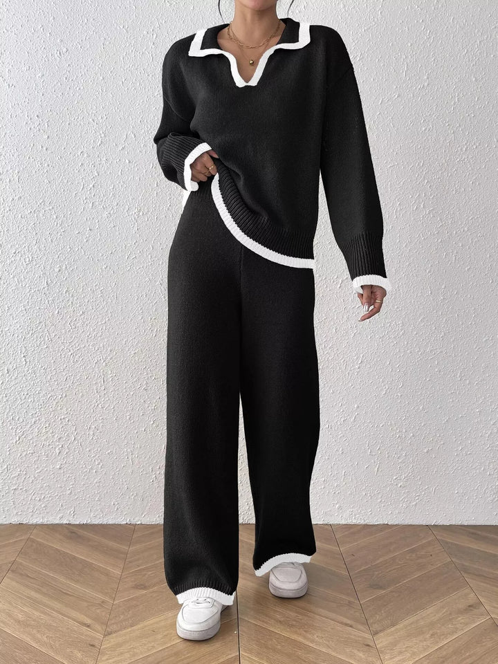 Contrast trim polo collar sweater and wide leg pants set