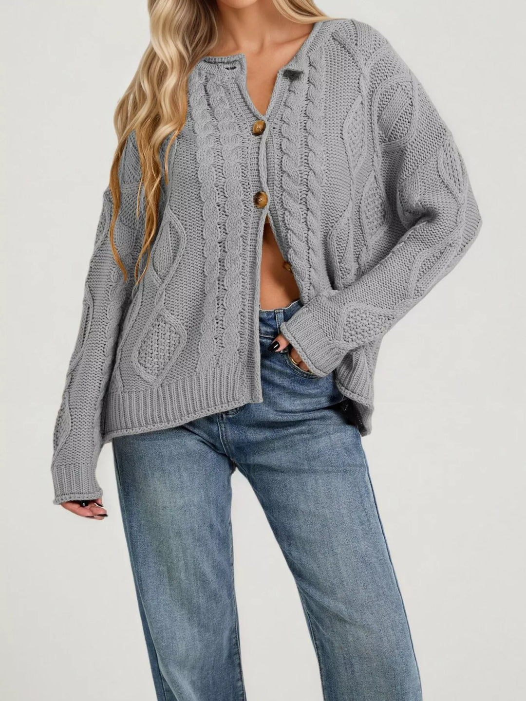 Gray Cable-knit button-down cardigan with ribbed trim