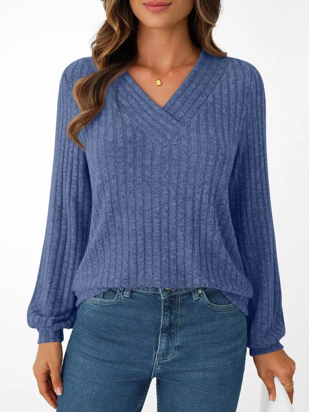 Ribbed knit v-neck top with blouson sleeves