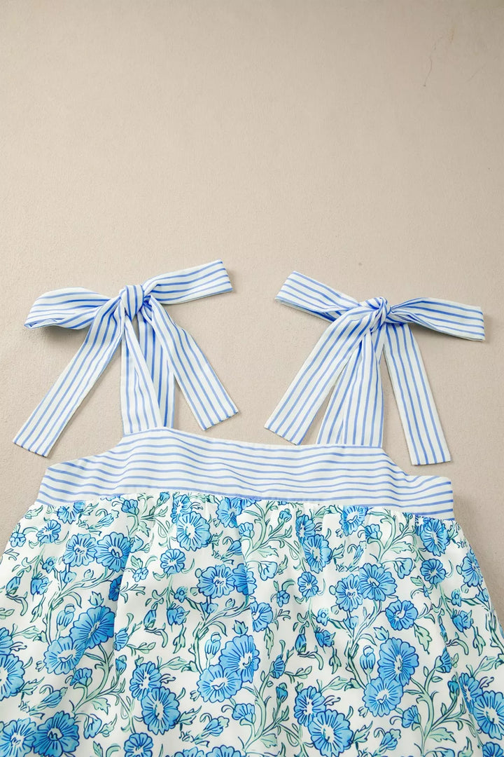 Floral babydoll mini dress with striped tie straps