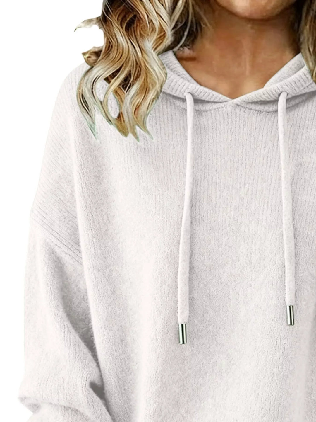 Drawstring hooded knit pullover sweater with ribbed cuffs