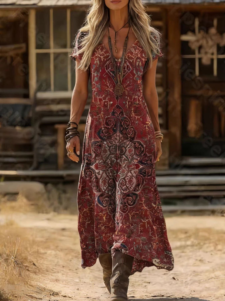 Burgundy Bohemian medallion print v-neck short sleeve midi dress