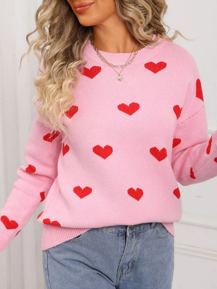 Pink Heart pattern dropped shoulder crew neck sweater