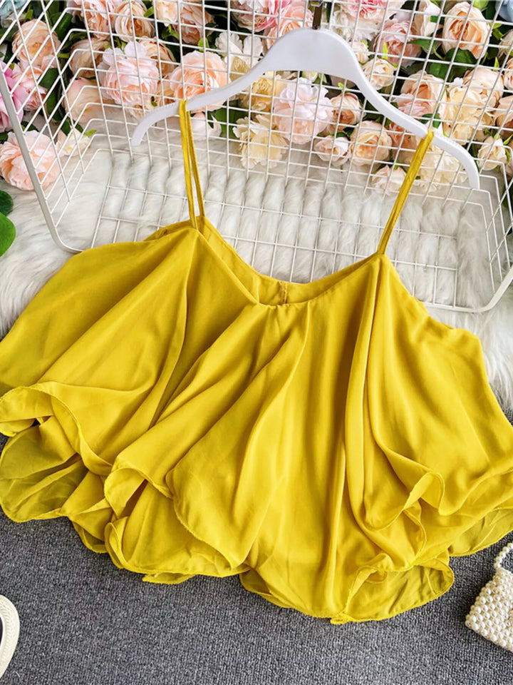 Yellow Flowy chiffon cami with ruffled hem and V-neck