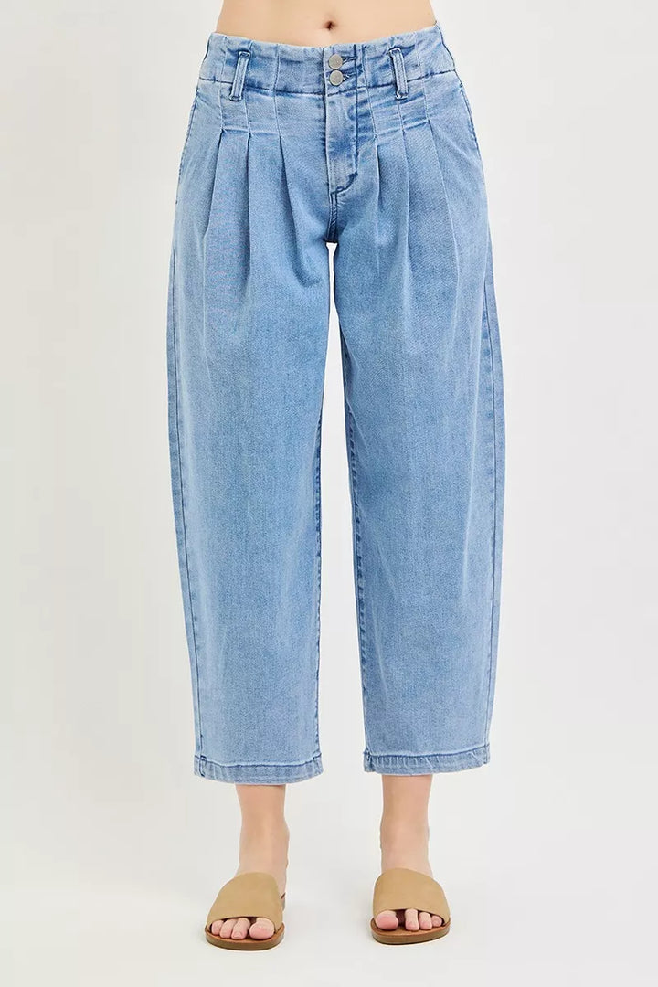 High-rise pleated cropped barrel-leg jeans