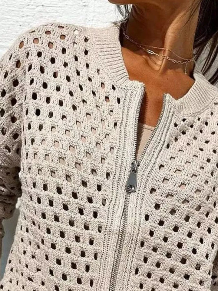 Open-knit zip-up bomber cardigan with ribbed trim