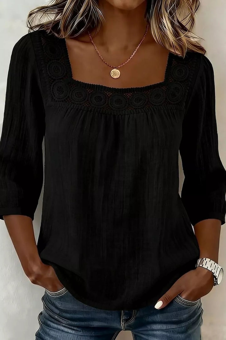 Crochet trim square neck blouse with 3/4 sleeves