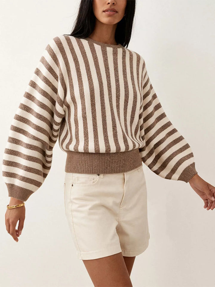 Khaki Vertical stripe crew neck sweater with ribbed hem