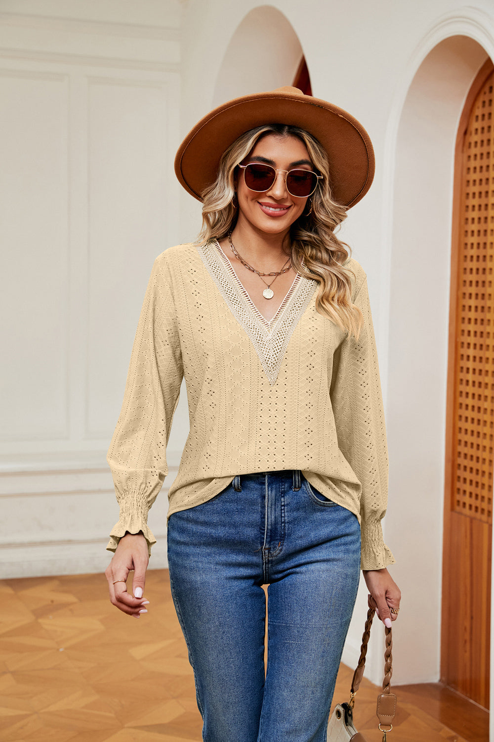 Contrast crochet V-neck eyelet blouse with flounce cuffs